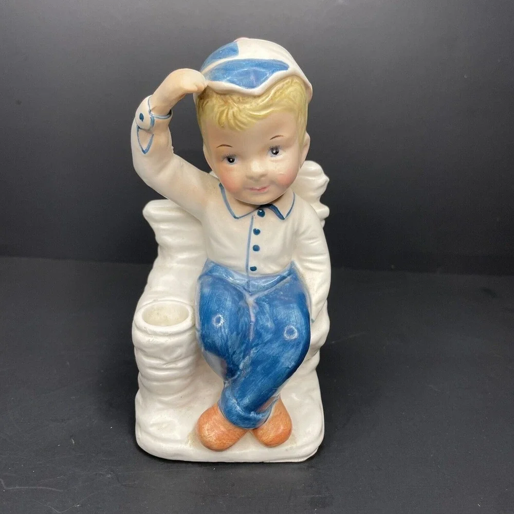 Vintage Boy Wearing‎ Cap Saluting & Sitting Cross Legged Bud Vase White & Blue